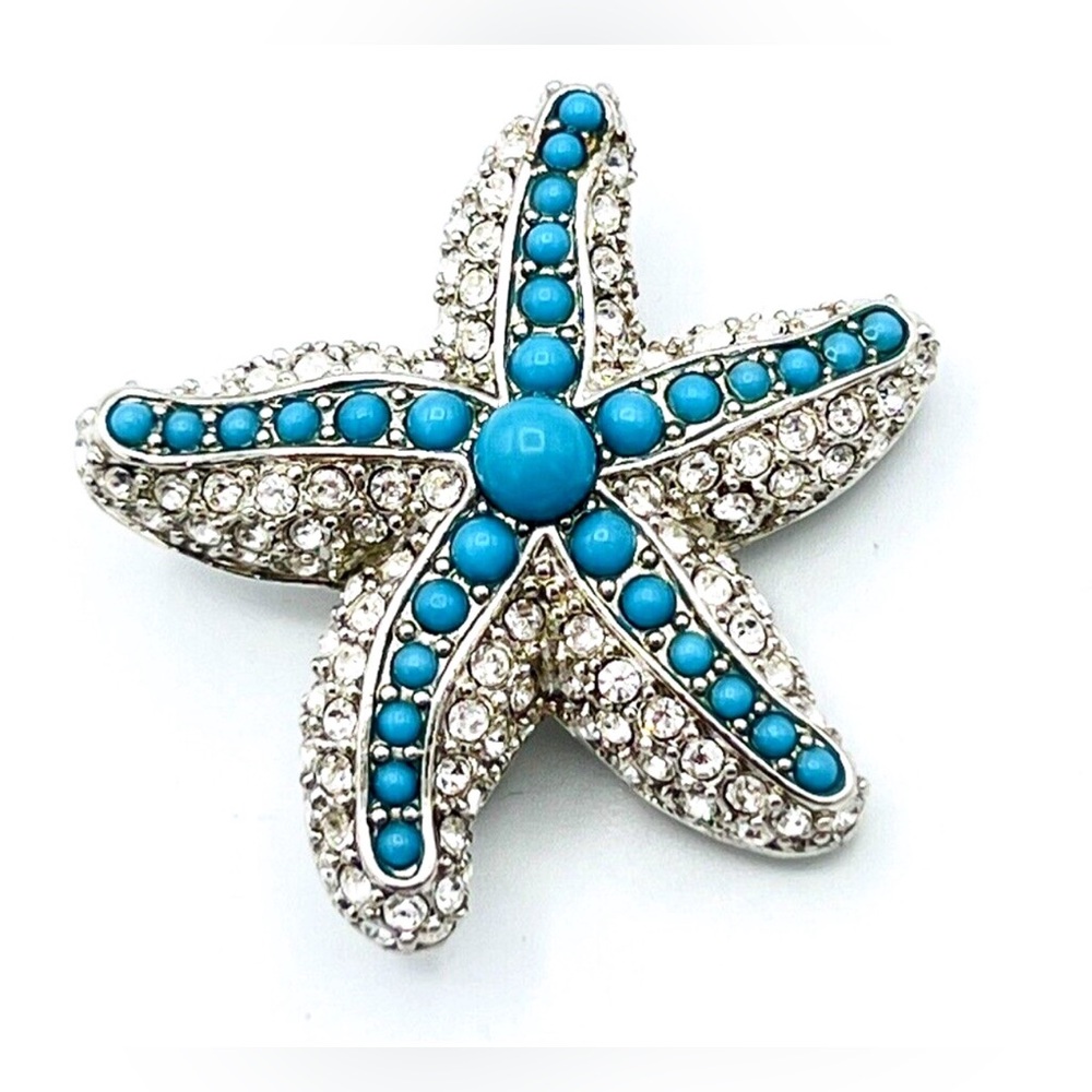 Stella & Dot Turquoise Starfish Brooch Pin Crystal Rhinestone Coastal Beach